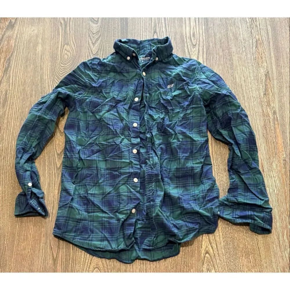 Vineyard Vines Youth Boys Button Down Shirt Long Sleeve Plaid Green Navy Size L
